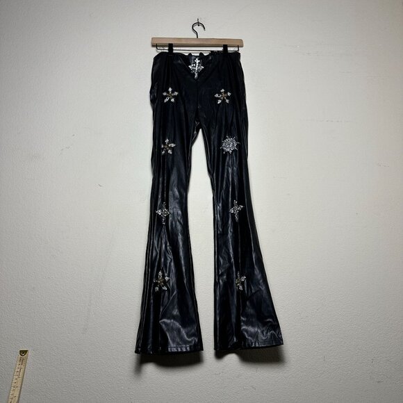 Fasion Nova Black Flared Pant Women M Embellished Floral Pattern Y2K Indie Rock - Picture 1 of 12